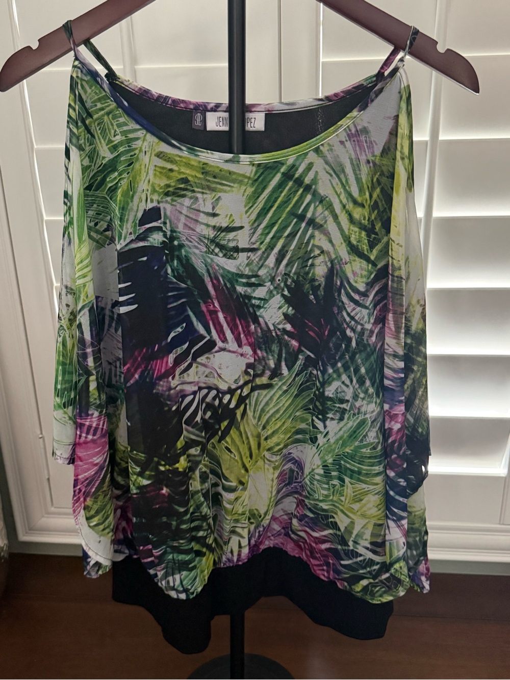 Jennifer Lopez Tropical Palm Print Sheer Tunic in Green, Purple, Black